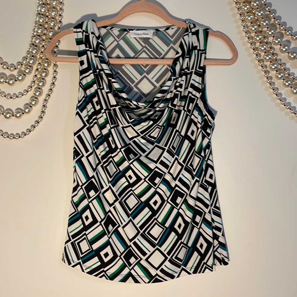 Calvin Klein drape neck sleeveless geometric print top PL